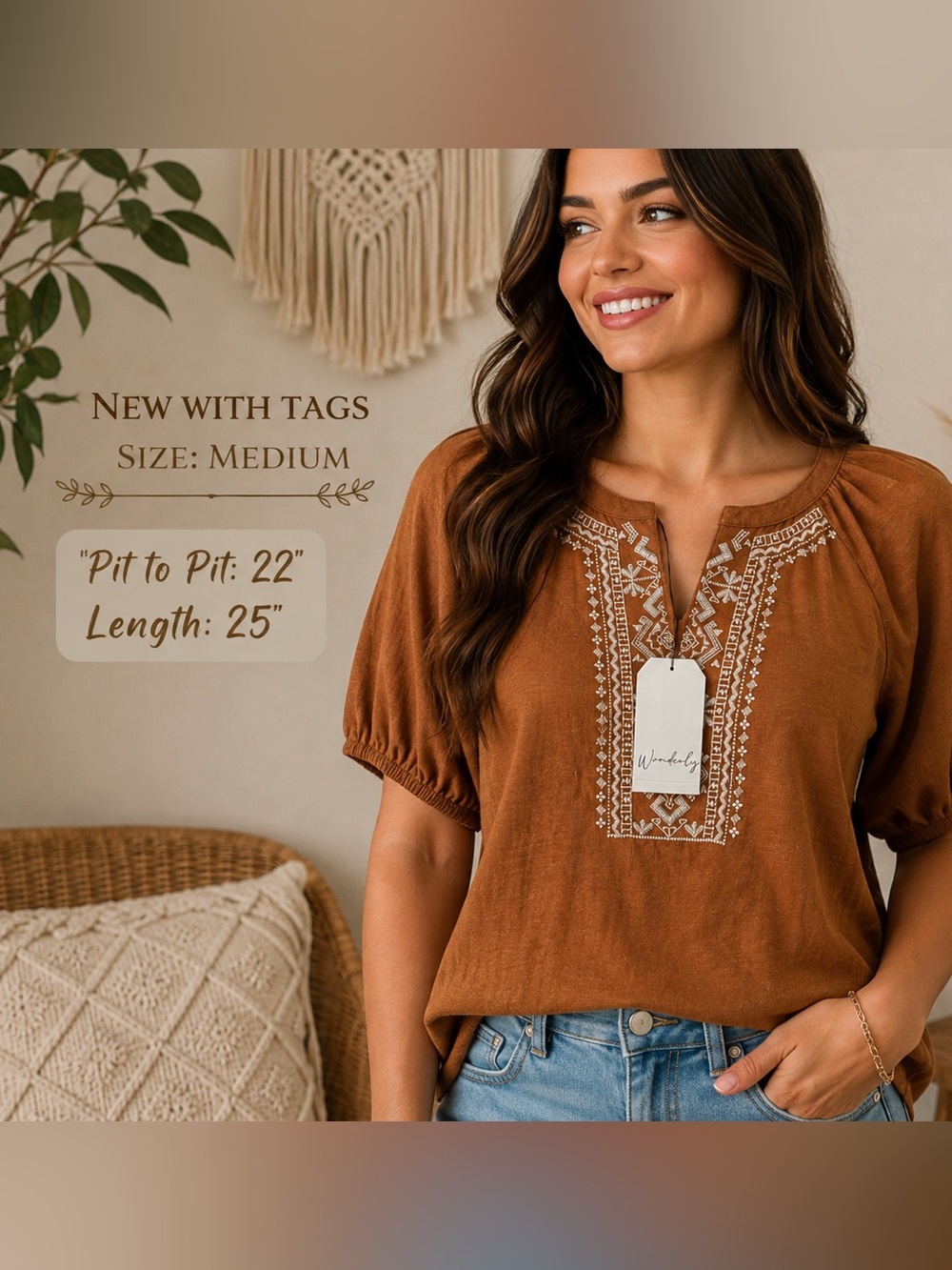 Embroidered Short-Sleeve Peasant Blouse - Brown